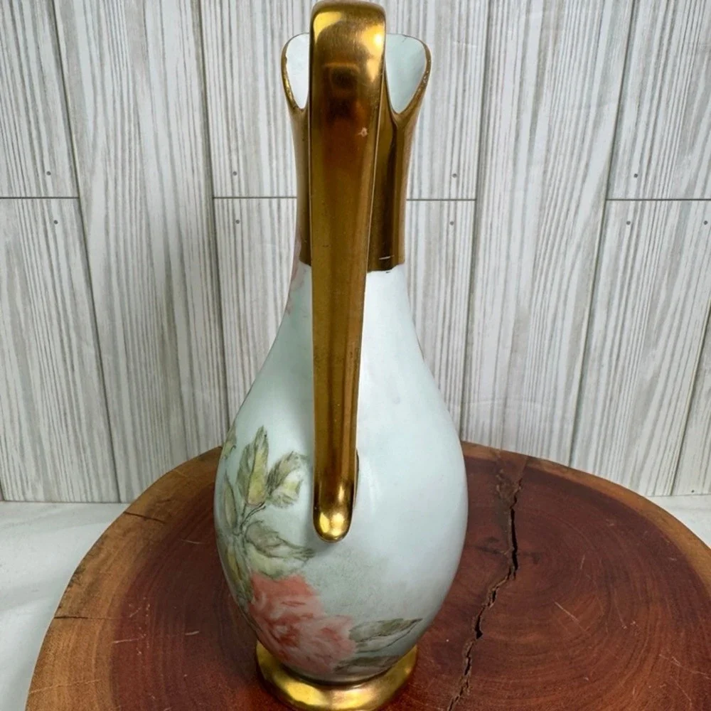 Vtg 1975 A.C. Perry Hand Painted Porcelain Rose Ewer Pitcher Bud Vase Gold Trim